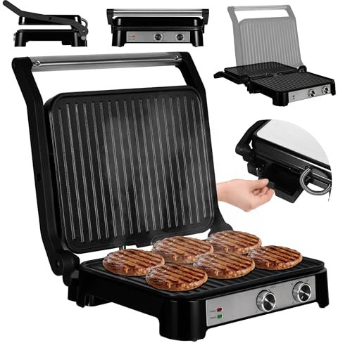 ZEEGMA GRILL CHEF BASE CONTROL Parrilla Eléctrica de Contacto 2 en 1 Sandwichera para Panini, Tostadas, Filetes, 2000W, Revestimiento Antiadherente Temporizador Ajuste de Temperatura y Ángulo
