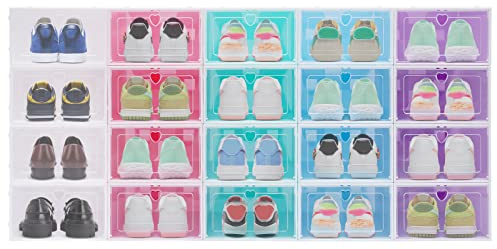 Repomanda Schuhboxen 20 Stück Transparent Bunt Schuhkartons Stapelbar mit Tür und Herz-Vent, Schuh Organizer für Schuhe bis Größe 47 (33 x 23 x 14cm)