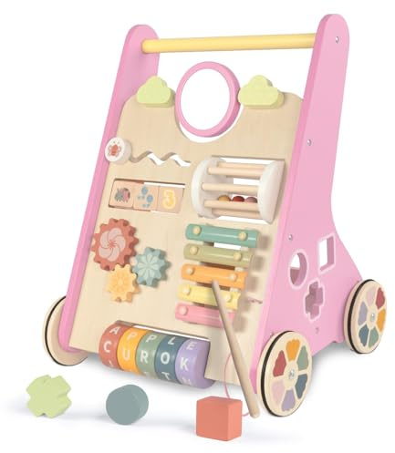 LOL-FUN Multiaktivitet baby gåvagn, 10-i-1 gåhjälp för spädbarn, pedagogiska leksaker för barn från 1 år, rosa