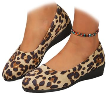Scarpe da donna comode, elastiche incrociate, con zeppa, ballerina, alla caviglia, con cinturino incrociato, punta arrotondata, comoda pompa, Beige leopardato, 39.5 EU