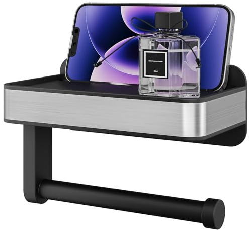 Kitsure Toilet Roll Holder Wall Mounted - Adhesive & Screw Toilet Paper Holder with Shelf, Matte Black Design for Bathroom Accessories, Space-saving for Bathroom, RV, Black, 18.1cm W