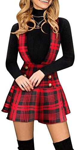 Damen Trägerrock, Kariert Strapsrock Hohe Taille, Retro Overall Kleider Knöpfe Dekor, Hosenträger Latzrock Rock, Kilt Rock Faltenröcke, Gothic Plaid Skirt, für Party Streetwear