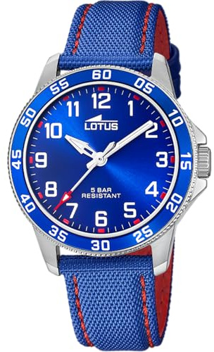 LOTUS Reloj Niño Analógico de Cuero Azul - Movimiento de Cuarzo - Reloj Infantil - Cristal Mineral Alta Resistencia - Resistente al Agua 5 ATM 18787/5 - con Pulsera de Regalo - Junior Collection