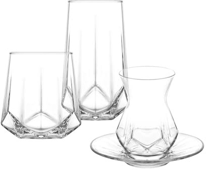 Vienberg 24-tlg. Premium Gläser-Set für 6 Personen – Modernes Komplett-Set mit 12x Trinkgläsern (Longdrink & Tumbler) + 6x Türkische Teegläser & Untertassen – Edles Geometrie-Design – Perfekte Geschen