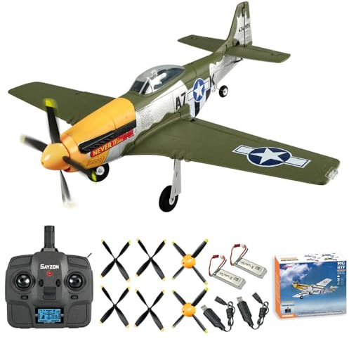 SAYZON 5CH 3D/6G RC-Flugzeug P51D Mustang mit 2,4 GHz Fernsteuerung, Brushless Ferngesteuertes Flugzeug für Erwachsene und Anfänger, inklusive Ersatzpropeller und Akku