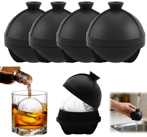AEMCHDM 4 Stück Eiswürfelform Kugel Rund, Große Schwarz Ice Ball Maker für Whisky, Silikon Eiswürfelbehälter mit Deckel, Wiederverwendbar & BPA-Frei, Eiswürfel Wiederverwendbar für Bourbon