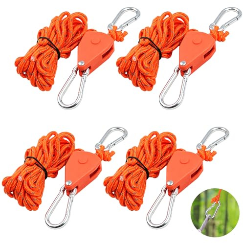 Mritrit 4 cuerdas tensoras para tienda de campaña con polea, cuerdas de trinquete ajustables de 4 m con tensor, cuerda guía resistente con liberación rápida para camping, toldo, toldo, crecer, perchas