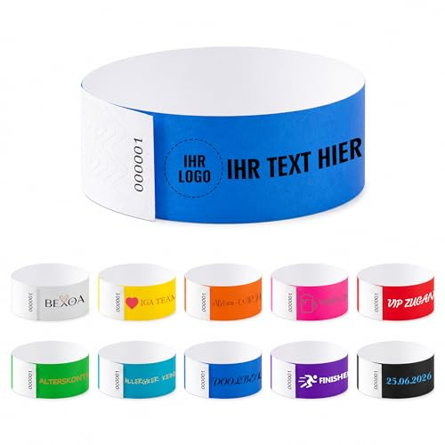 BEXOA Personalisierte Einlassbänder, Reißfest & Wasserdicht, 50–5000 Stück | Papierarmbänder, individueller text und Logodruck, sicherer klebeverschluss, ideal für festivals, partys, VIP und JGA