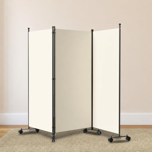 Monucep 263 x 181 cm Biombos y biombos con 3 paneles con ruedas, divisor posicionable libre, plegable 360°, poliéster opaco (180 g/m²), biombo interior opaco para dormitorio (beige)