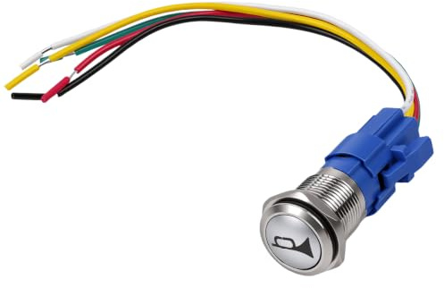 Interruptor Pulsador 16mm Botón Metálico Impermeable IP65 12V-24V 5A | Interruptor Momentáneo ON OFF con LED Azul Anillo Luminoso para Coche Moto Barco Luces Bocina Panel Control Eléctrico