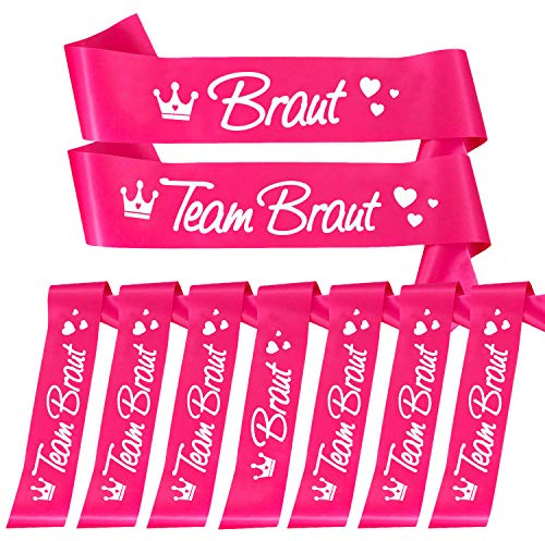 Oblique Unique JGA Schärpen Set Pink – 7er Pack (1x Braut & 6X Team Braut) – Elegante Junggesellinnenabschied Accessoires für Damen – Hochwertige Schärpen mit Krone und Herzen – Hochzeit Deko
