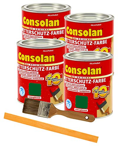 Consolan Wetterschutzfarbe deckend Holzschutzfarbe Holzfarbe bis zu 10 Jahre wetterbeständig für Holz und Zink Außen inkl. Pinsel (4 x 0,75L, grün)