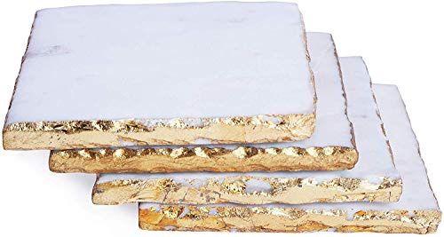GMRS Home White Marble-Square Coasters with Gold Foiling Set of 4
