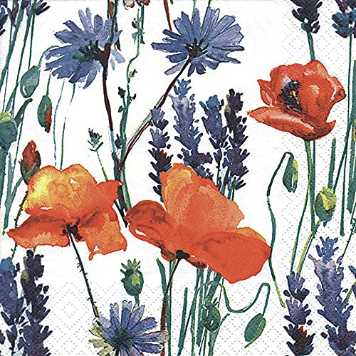 linoows Servietten 20 Stück, Wilde Sommerblumen, Mohn, Lavendel und Kornblumen 33x33 cm