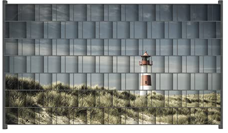 Wallario Zaun Sichtschutz Windschutz für EIN- und Doppelstabmattenzäune in der Größe Breite 2,50m x Höhe 1,40m, Motiv: Leuchtturm auf der Düne am Strand