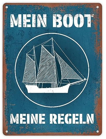 Mein Boot meine Regeln Metallschild XL in 21x28 cm mit Rostoptik in blau Blechschild im Used Look Geschenk für Bootsbesitzer und Segler die ihre Wohnung oder das Schiff verzieren