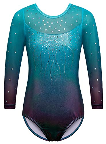 ZNYUNE Gymnastikanzug für Mädchen, langärmelig, ärmellos, bunt, glitzernd, athletischer Ballett-Tanzanzug für Kinder von 3–12 Jahren, B269, blaue Blume, 10 A