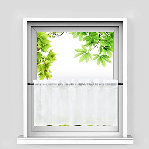 HeichkelL Leinenoptik Scheibengardine Transparent Bistrogardine mit Tunnelzug Einfarbig Kurzstore mit Wellen Muster Weiß HöhexBreite 30x90cm