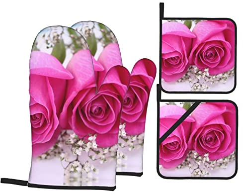 Guanti da forno e presine rosa rosa, resistenti al calore, rivestimento interno morbido antiscivolo per cottura in forno