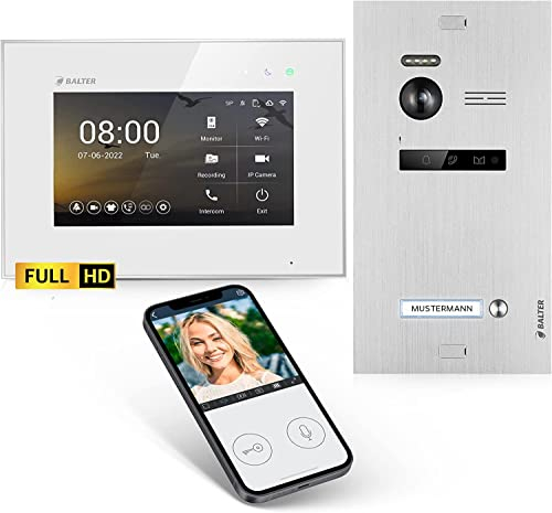 Balter EVO-HD Video Türsprechanlage, Video Türklingel, Smartphone App, 1 Familienhaus Klingel, 7 Zoll HD-Monitore, Full HD-Kamera, 2 Draht Bus, Gegensprechanlage mit 175° Weitwinkel