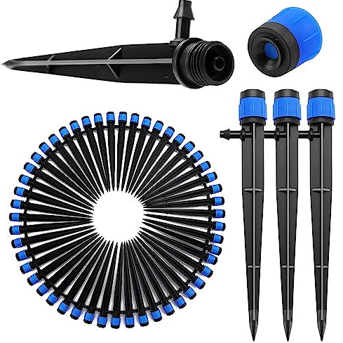 VooGenzek 50 Piezas Gotero de Riego, 360-Grado Aspersore de Riego Ajustables, Cabezas de Riego para Goteo Goteros con Conectore de Púas & Estaca Microtubo Piqueta, para Tubo 4/7 mm, Azul