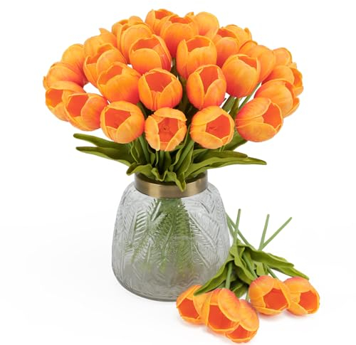 LUWENER 15Pcs Fake Tulips Flowers, Artificial Latex Tulip Flowers,Faux Tulip Flower Real Touch for Wedding Room Home Hotel Party Decoration and DIY Decor(Orange)