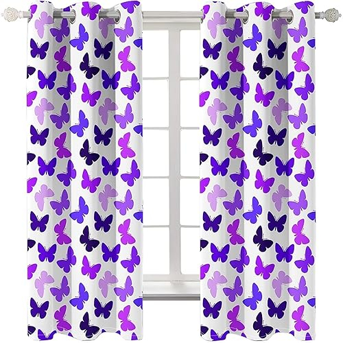 Homxi Blickdichte Gardinen 2er Set,2 x 137W x 183H cm,Gardinen Blickdicht Wohnzimmer Lila Weiß Schmetterlinge Drucken Gardinen mit Ösen