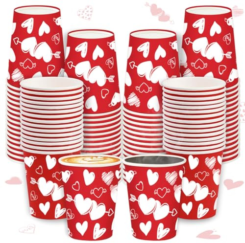 Inspireyee 100 vasos de papel desechables para el día de San Valentín, corazón, rojo, 9 onzas, para suministros de fiesta del día de San Valentín, boda, aniversario, decoración de cumpleaños