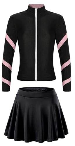Freebily Kinder Mädchen Eiskunstlauf Anzug Jacke Rock Set Strass Eislaufen Trainingsoutfit Sweatjacke Sportrock Set Performance Tanzkleidung Rosa_A 128-134