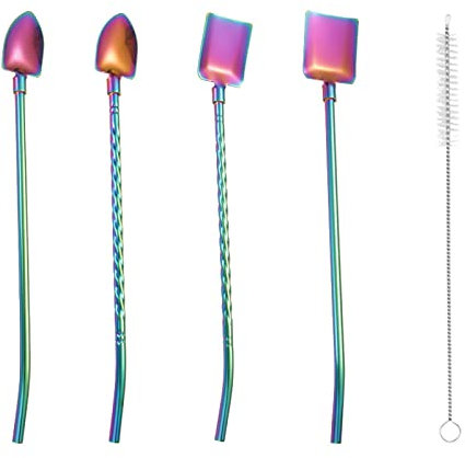 Strohhalmlöffel, 1 Set Löffel mit Reinigungsbürste, rostfrei, langer Griff, hochglanzpoliert, spülmaschinenfest, Geschirr, Edelstahl, Doppelnutzung, Dessert-Kaffee-Rührlöffel