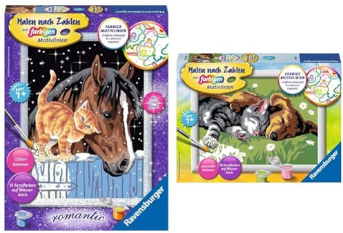 Ravensburger Malen nach Zahlen 28556 - Fohlen mit Kätzchen & 28015 - Tiefer Schlaf - Malen nach Zahlen für Kinder ab 7 Jahren