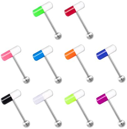 Heuvipens 10pc Mixed Color Acrylic Pill Capsule Surgical Steel Barbell Tongue 16mm & 19mm Bar Ring Stud Piercing Jewelry Set