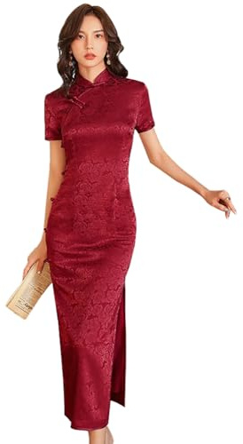 ZNLFS Women's Chinese Dresses Long Cheongsam Mandarin Collar Slim Fit Short Sleeve Bodycon Floral Print Sexy Side Slit Qipao