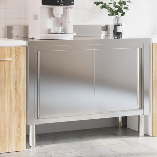 Mengtu Tavolo da Lavoro per Cucina con Ante Scorrevoli in Acciaio Inox, Tavolo da Terrazzo, Tavolo da Pranzo, Tavolo da Cucina, Tavolino da Esterno Giardino