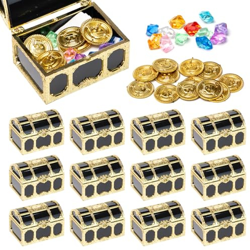 Neikafan 12 Pièces Mini Coffre Trésor Pirate Plastique, 12 Pierres Précieuses et 12 Pièces d’Or de Monnaie Coffre Pirate Petit pour Bonbons et Décoration d’Anniversaire Enfant