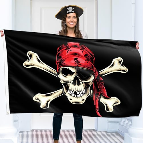 Drapeau de pirate 90 x 150 cm avec œillets - Grand drapeau pirate pour enfants - Impression numérique vivante - Drapeau de pirate - Drapeau Jolly Roger - Double couture