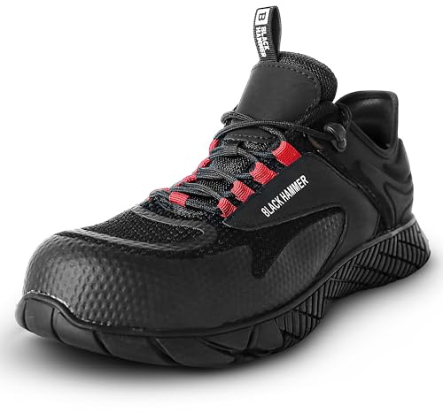 Black Hammer Slip On Safety Trainers for Men Steel Toe Cap Lightweight Work Shoes with Midsole Protection S1P SRC Warehouse Construction 5619 (10 UK) Black