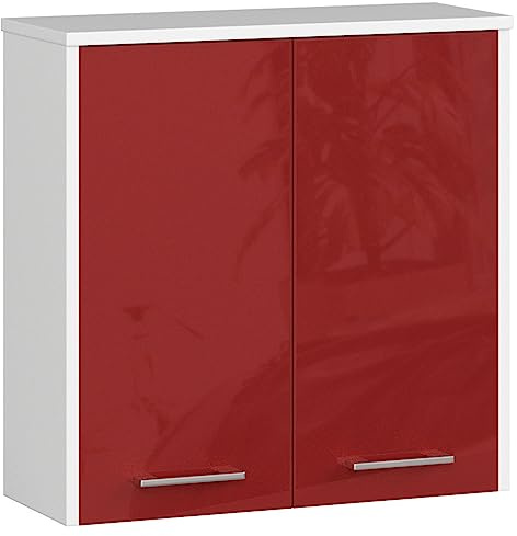3xE Living Hängender Badezimmerschrank: Zwei Türen, Zwei Einlegeböden, Farbe: weiß | Rot glänzend, A: B: 60 cm, H: 60 cm, T: 22,5 cm.