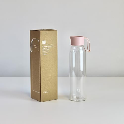 BU Products Glass Water Bottle, 700ml, Mint or Blush, Leak Proof, Antibacterial, BPA Free, Bamboo Charcoal Filter Compatible, for Travel and Everyday Use (Blush Pink)