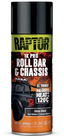 RAPTOR Roll Bar & Chassis, barra antivuelco y chasis, bote de pintura de 1 K, resistente al calor hasta 120 °C, protección contra golpes, abrasión, radiación UV y corrosión (negro brillante/negro