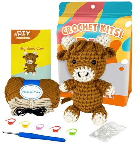 Häkelset Highland Cow für Anfänger, Tier Häkelset Herren Komplett DIY Geschenk mit Video Anleitung