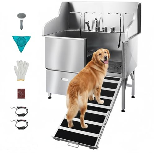 VEVOR Stainless Steel Dog Washing Station, 154.94 cm Pet Grooming Tub w/Ramp, Water Filter Board, Faucet & Showerhead & Leash Dog Bathtub for Large & Medium & Small Pets (Right Door)