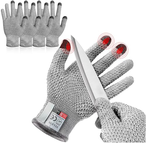 YUDANSI EN388 Level 5 Cut Resistant Gloves, 2 Pairs Food Grade Safety Gloves for Kitchen, Fish Gutting & Gardening - Reusable Anti Cut Work Gloves with Three Touchscreen Fingertips, 23cm Length