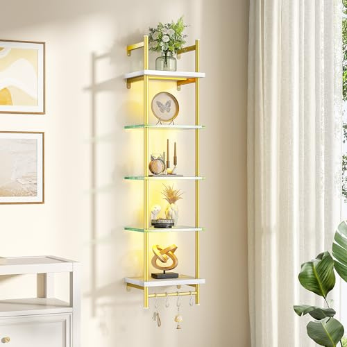 REIBII LED Floating Shelves for Wall, 5 Tier Wall Mounted Shelves, Industrial Pipe Shelves with 4 S-Hooks for Living Room, Bedroom, Kitchen, White & Gold
