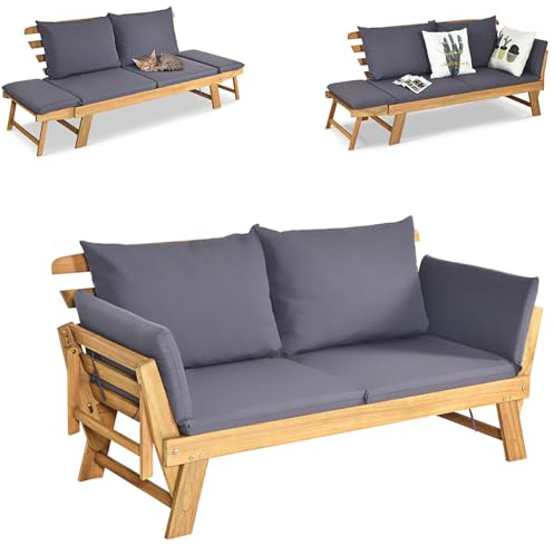 KOMFOTTEU Gartenbank aus Akazienholz, Liegestuhl mit Auflage, Sonnenliege mit Beiden Seiten verstellbar, Multifunktionsbank für Garten, Terrasse & Balkon, 198 x 75 x 75 cm (Grau)