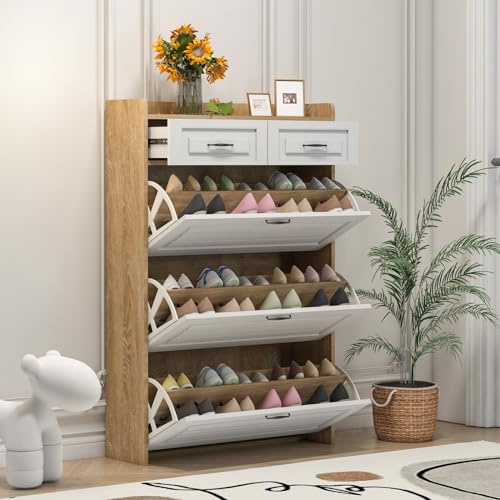 Massbinet Schuhkommode mit drehbarem Schuhschrank bestehend aus DREI großen Klappen und Zwei Schubladen Geeignet für Eingangsbereiche und Wohnzimmer - Naturfarbe + Weiß