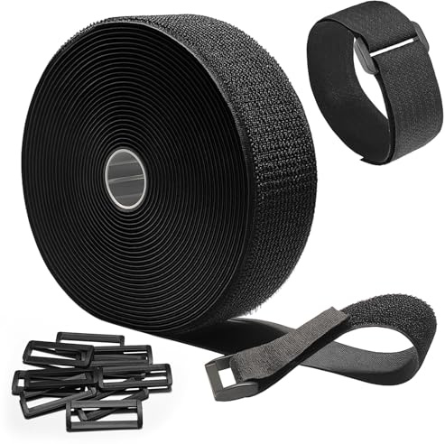 5cm x10m Hook and Loop Straps with 10 Buckles, Adjustable Fastening Cable Straps, Cut-to-Length Reusable Cable Ties, Nylon Securing Cinch Strap for Home and Office Cable Storage, W: 5cm