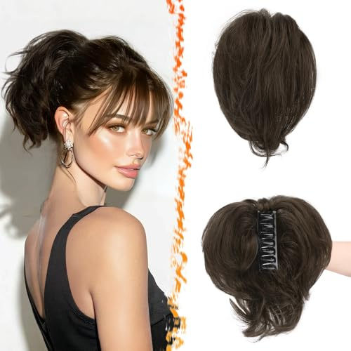 BARSDAR Echthaar Pferdeschwanz Haarteil mit Krallen Klemmer und Biegsamen Drähten, DIY 20 cm Echt Echthaar Dunkel Braun Messy Dutt Haarteile für Frauen Dicke Natürliche Kurze Pferdeschwanz