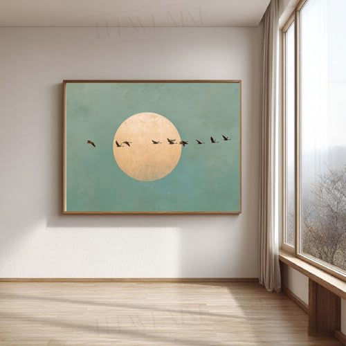 HTWLMM Nordische Vögel Mond Bilder Blau Landschaft Leinwand Malerei Ohne Rahmen Poster Kunstdruck Gemälde für Wohnkultur Wohnzimmer Wanddekoration (70X100CM,A2)