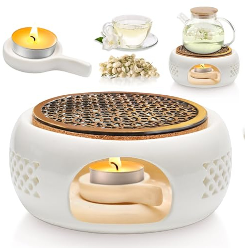 Calentador de Tetera de Cerámica Pequeño Hornillo con Portavelas y Base Aislante Diseño Hueco Tallado Mantiene Caliente té/café/Leche Ø15 cm (Blanco)
